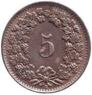 Монета 5 раппенов. 1942 год, Швейцария. Монета 5 раппенов. 1942 год, Швейцария.