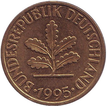 Монета 10 пфеннигов. 1995 год (G), ФРГ. Дубовые листья. Монета 10 пфеннигов. 1995 год (G), ФРГ. Дубовые листья.
