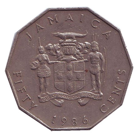 Монета 50 центов. 1986 год, Ямайка. Маркус Гарви - национальный герой.