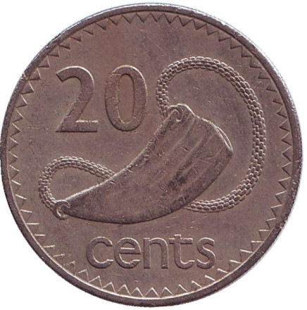 Монета 20 центов. 1969 год, Фиджи. Культовый атрибут Tabua (зуб кита) на плетеном шнурке.