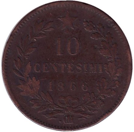 Монета 10 чентезимо. 1866 год, Италия. Виктор Эммануил II. "OM, точка перед "OM" Монета 10 чентезимо. 1866 год, Италия. Виктор Эммануил II. "OM, точка перед "OM"