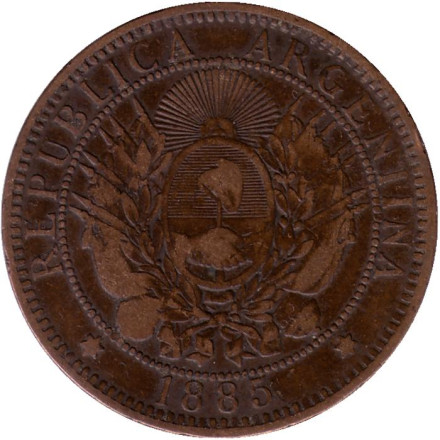Монета 2 сентаво. 1885 год, Аргентина. Монета 2 сентаво. 1885 год, Аргентина.