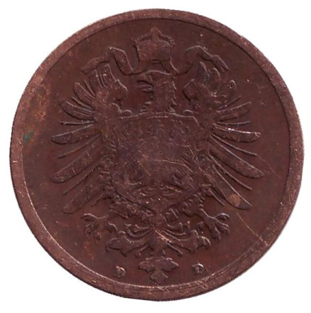 Монета 2 пфеннига. 1876 год (D), Германская империя.