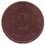 Монета 2 пфеннига. 1876 год (D), Германская империя. Монета 2 пфеннига. 1876 год (D), Германская империя.