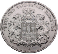 Монета 3 марки. 1909 год, Германская империя. Гамбург. Монета 3 марки. 1909 год, Германская империя. Гамбург.