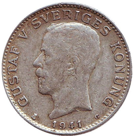 Монета 1 крона. 1941 год, Швеция. Густав V.