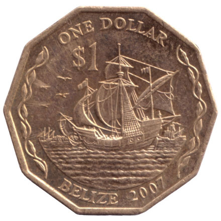 Монета 1 доллар, 2007 год, Белиз. Из обращения. Парусник.