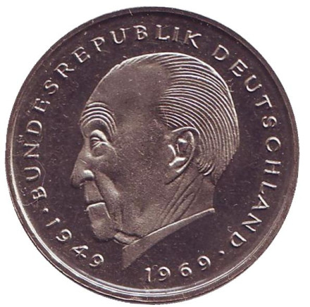 Монета 2 марки. 1978 год (F), ФРГ. UNC. Конрад Аденауэр.