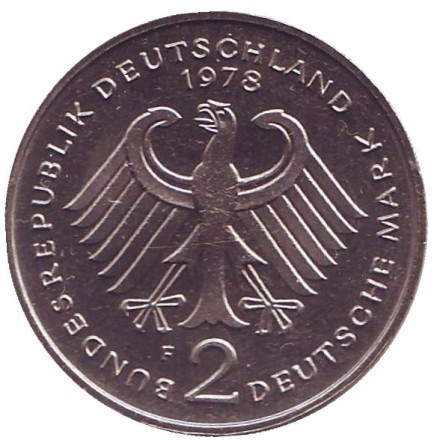 Монета 2 марки. 1978 год (F), ФРГ. Конрад Аденауэр. Монета 2 марки. 1978 год (F), ФРГ. Конрад Аденауэр.