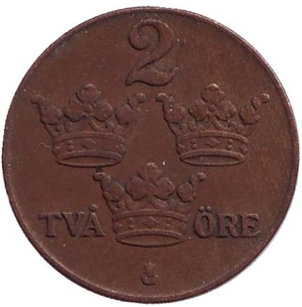 Монета 2 эре. 1942 год, Швеция. Бронза.