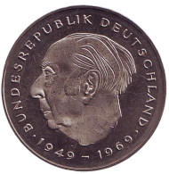 Монета 2 марки. 1983 год (G), ФРГ. Теодор Хойс. Монета 2 марки. 1983 год (G), ФРГ. Теодор Хойс.