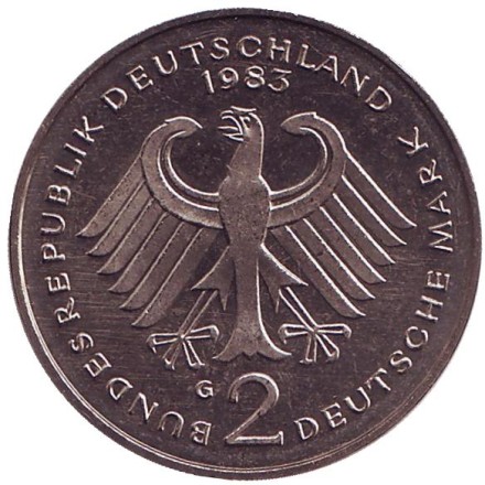 Монета 2 марки. 1983 год (G), ФРГ. Теодор Хойс. Монета 2 марки. 1983 год (G), ФРГ. Теодор Хойс.