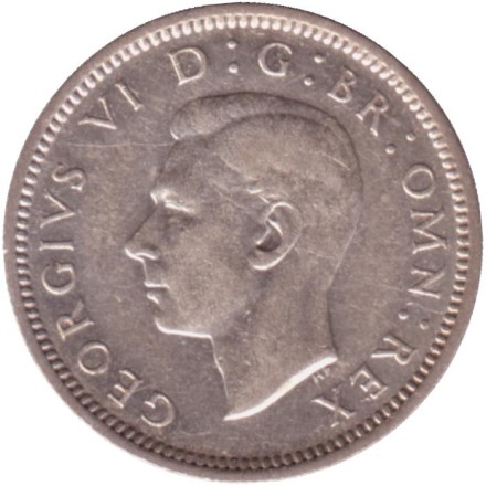 Монета 6 пенсов. 1943 год, Великобритания. Монета 6 пенсов. 1943 год, Великобритания.