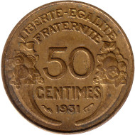 Монета 50 сантимов. 1931 год, Франция. Тип 1. Монета 50 сантимов. 1931 год, Франция. Тип 1.
