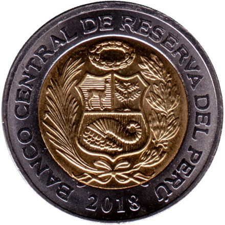 Монета 5 солей. 2018 год, Перу. Рисунки пустыни Наска.