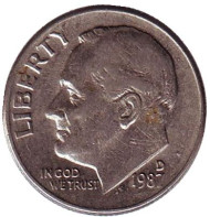 Монета 10 центов. 1987 (D) год, США. Рузвельт. Монета 10 центов. 1987 (D) год, США. Рузвельт.