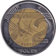 Монета 2 новых соля. 2012 год, Перу. Рисунки пустыни Наска. Колибри. Монета 2 новых соля. 2012 год, Перу. Рисунки пустыни Наска. Колибри.