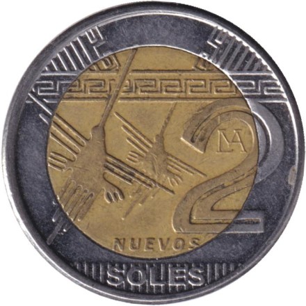Монета 2 новых соля. 2012 год, Перу. Рисунки пустыни Наска. Колибри.