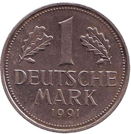 Монета 1 марка. 1991 год (D), ФРГ.