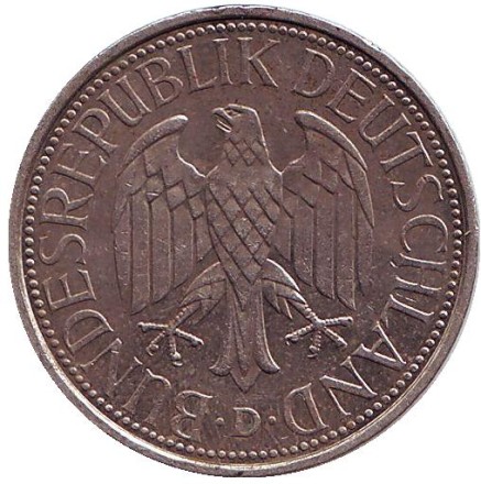 Монета 1 марка. 1991 год (D), ФРГ.