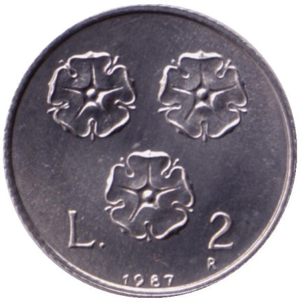 Монета 2 лиры. 1987 год, Сан-Марино. 15 лет с момента возобновления чеканки.