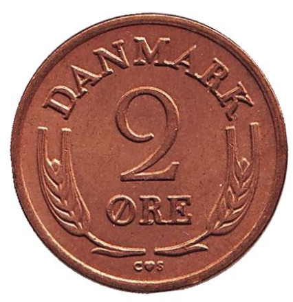 Монета 2 эре. 1962 год, Дания. (бронза). Из обращения.