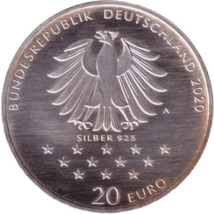 Монета 20 евро. 2020 год (A), Германия. 300 лет со дня рождения Барона Мюнхгаузена.