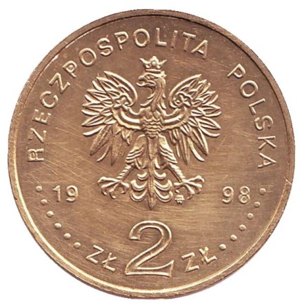 Монета 2 злотых. 1998 год, Польша. 100-летие открытия полония и радия. Монета 2 злотых. 1998 год, Польша. 100-летие открытия полония и радия.