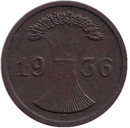 Монета 2 рейхспфеннига. 1936 год (F), Веймарская республика. Монета 2 рейхспфеннига. 1936 год (F), Веймарская республика.