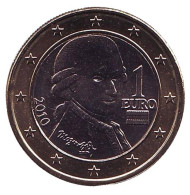 Монета 1 евро. 2010 год, Австрия. Моцарт. Монета 1 евро. 2010 год, Австрия. Моцарт.