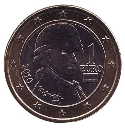 Монета 1 евро. 2010 год, Австрия. Моцарт.