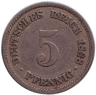 Монета 5 пфеннигов. 1888 год (A), Германская империя. Монета 5 пфеннигов. 1888 год (A), Германская империя.