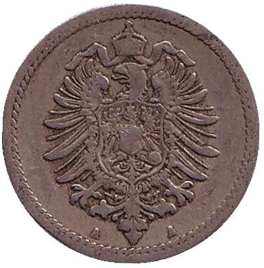 Монета 5 пфеннигов. 1888 год (A), Германская империя. Монета 5 пфеннигов. 1888 год (A), Германская империя.