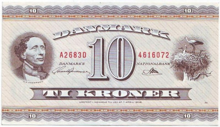 Банкнота 10 крон. 1968 год, Дания.