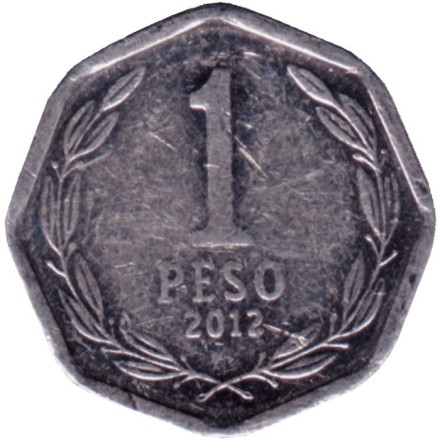 Монета 1 песо. 2012 год, Чили. Бернардо О’Хиггинс. Монета 1 песо. 2012 год, Чили. Бернардо О’Хиггинс.