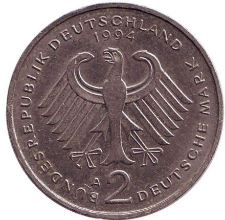 Монета 2 марки. 1994 год (A), ФРГ. Вилли Брандт. Монета 2 марки. 1994 год (A), ФРГ. Вилли Брандт.