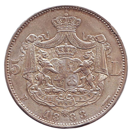 Монета 5 лей. 1883 год, Румыния. Кароль I.