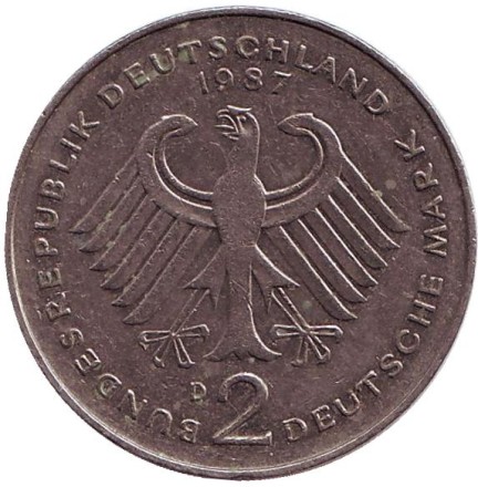 Монета 2 марки. 1987 год (D), ФРГ. Курт Шумахер.