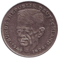 Курт Шумахер. Монета 2 марки. 1987 год (D), ФРГ. Из обращения.