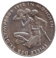 Монета 10 марок, 1972 год , ФРГ. Атлеты. XX Летние Олимпийские игры. Мюнхен-1972. (D). Монета 10 марок, 1972 год , ФРГ. Атлеты. XX Летние Олимпийские игры. Мюнхен-1972. (D).