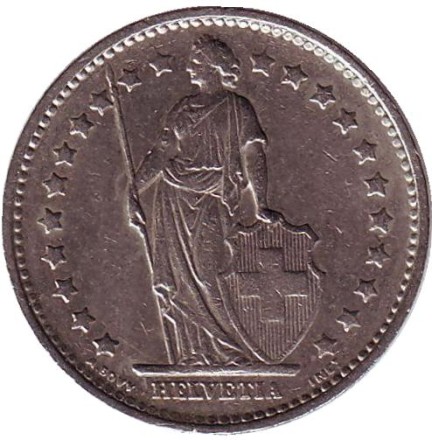 Монета 1 франк. 1971 год, Швейцария. Гельвеция. Монета 1 франк. 1971 год, Швейцария. Гельвеция.