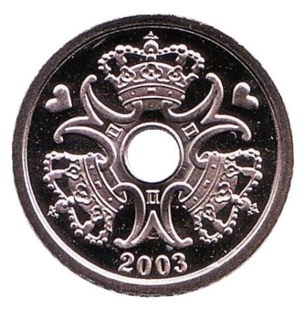 Монета 1 крона. 2003 год, Дания. BU. Монета 1 крона. 2003 год, Дания. BU.