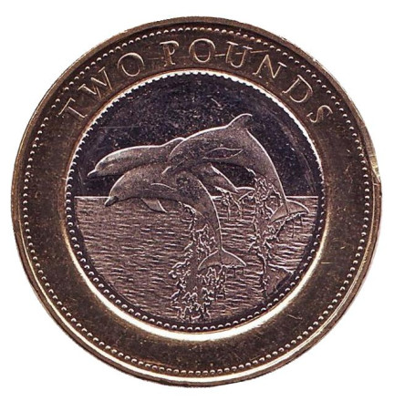 Монета 2 фунта. 2015 год, Гибралтар. Дельфины.