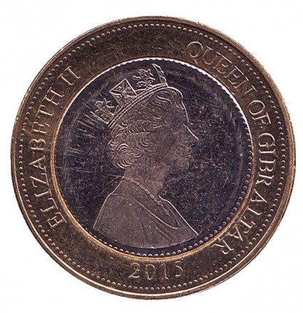 Монета 2 фунта. 2015 год, Гибралтар. Дельфины. Монета 2 фунта. 2015 год, Гибралтар. Дельфины.