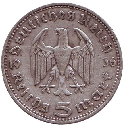 Монета 5 рейхсмарок. 1936 (D) год, Третий Рейх (Германия). Старый тип. Гинденбург. Монета 5 рейхсмарок. 1936 (D) год, Третий Рейх (Германия). Старый тип. Гинденбург.