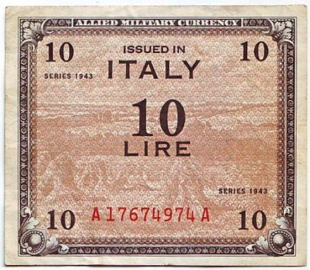 Банкнота 10 лир. 1943 год, Италия.