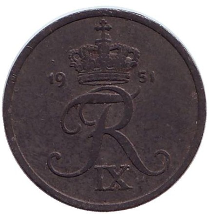 Монета 2 эре. 1951 год, Дания. Монета 2 эре. 1951 год, Дания.