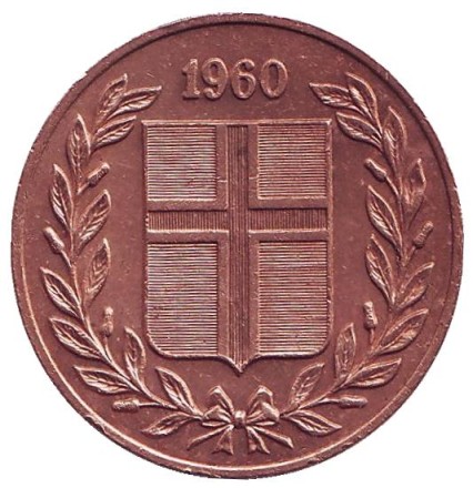 Монета 5 аураров. 1960 год, Исландия. Монета 5 аураров. 1960 год, Исландия.