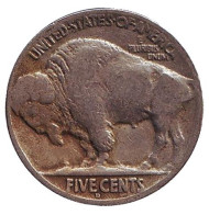 Монета 5 центов. 1928 год (D), США. Бизон. Индеец. Монета 5 центов. 1928 год (D), США. Бизон. Индеец.