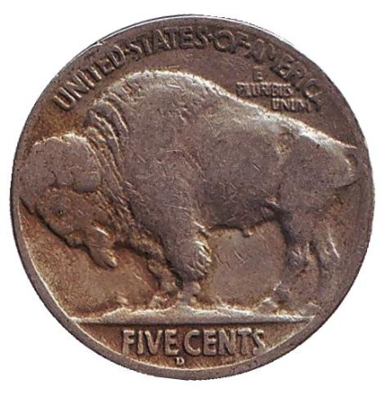 Монета 5 центов. 1928 год (D), США. Бизон. Индеец.